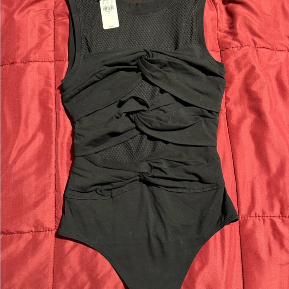 Express Tops - Fitted Mesh Crew Neck Twist Front Bodysuit